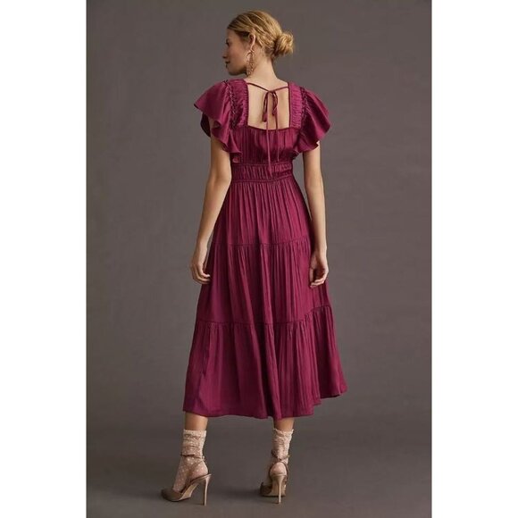 NWOT ANTHROPOLOGIE Ruffled Tiered Midi Dress In Berry Size XL - Picture 2 of 16